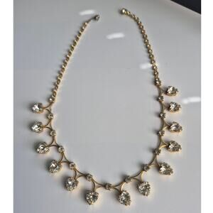 Vintage Kramer New York Heart Fringe Necklace Gold Tone Clear Rhinestone Choker
